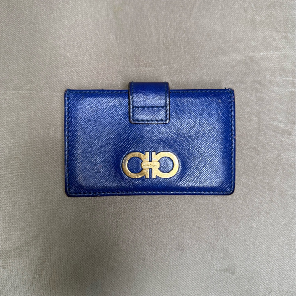Salvatore Ferragamo Blue Large Card Holder with Gold Logo